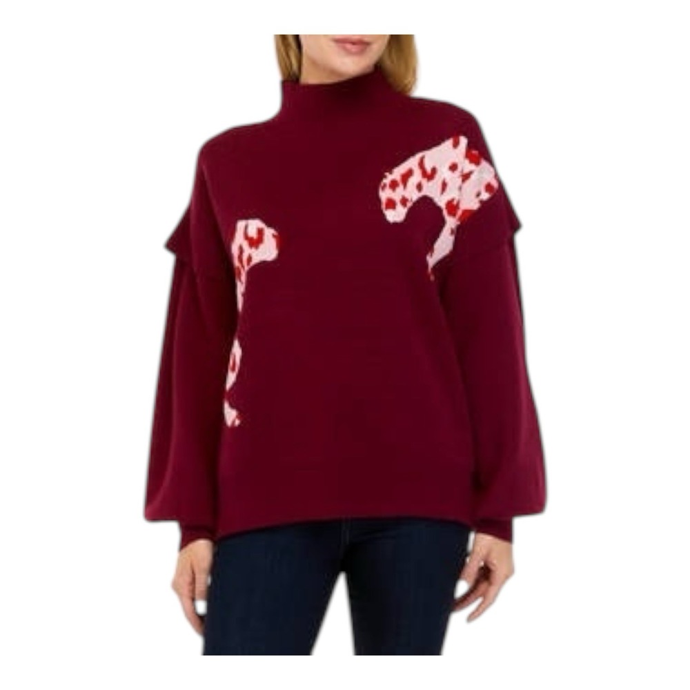 Crown & Ivy Burgundy Mock Neck‎ Cheetah Print Ruffle Sleeve Sweater Womens XL